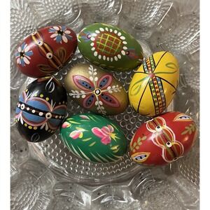 Vintage Hand Painted Wood Easter Eggs Poland Pysanky Wooden Egg Set Of 7